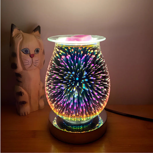 Glass aromatherapy lamp with firework-coloured surface projecting light patterns, touch sensor base, 15cm height