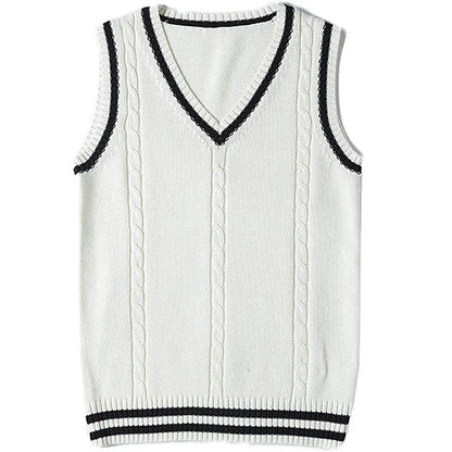 Women's slim fit V-neck knitted waistcoat sweater with striped stitching in acrylic fabric