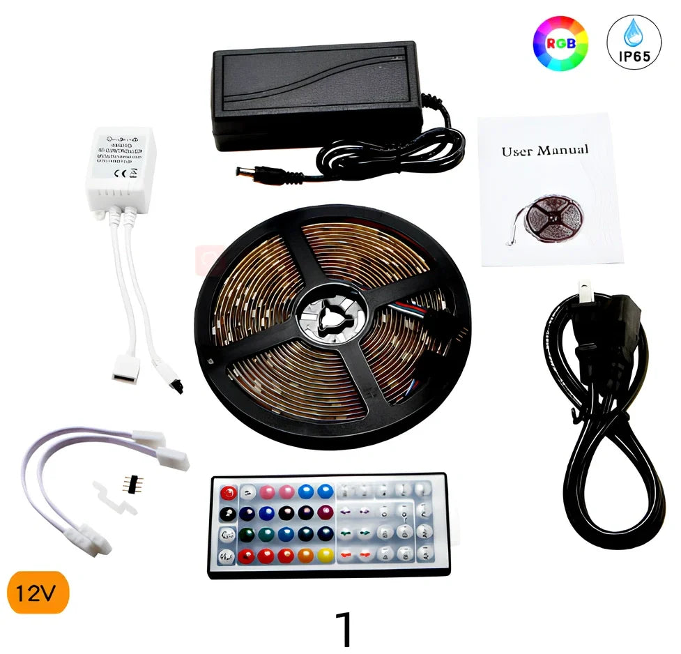 5 metre colour changing LED strip with remote control showing multiple colour options