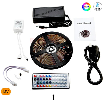5 metre colour changing LED strip with remote control showing multiple colour options