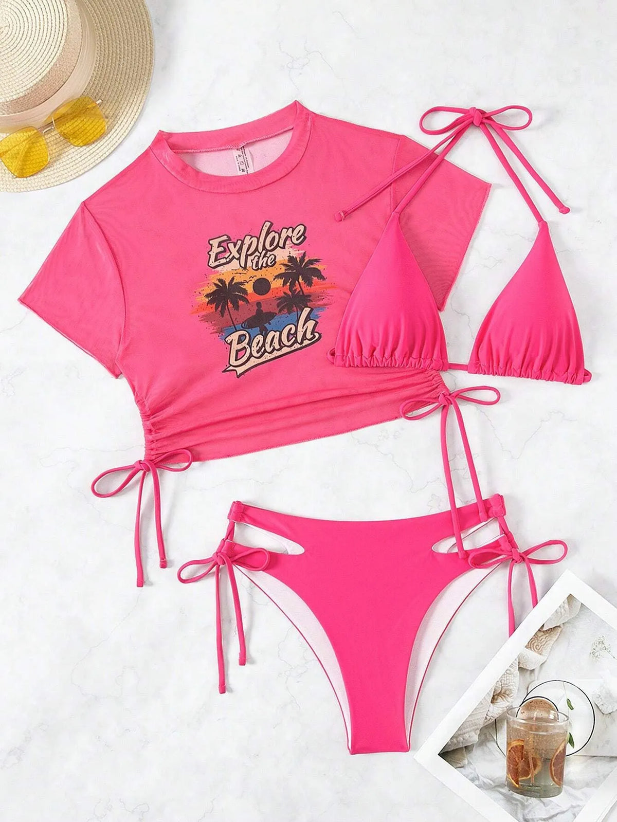 Three-piece women's bikini swimsuit set with short sleeves in black, white, pink, or orange red.