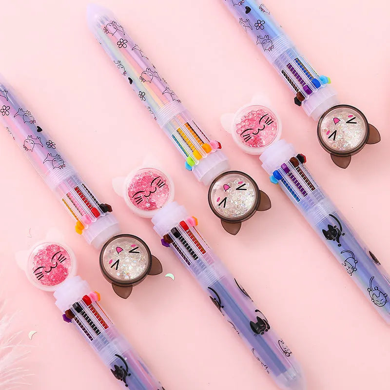 0.5mm ten-colour push pen with cute cat design showing 15cm length