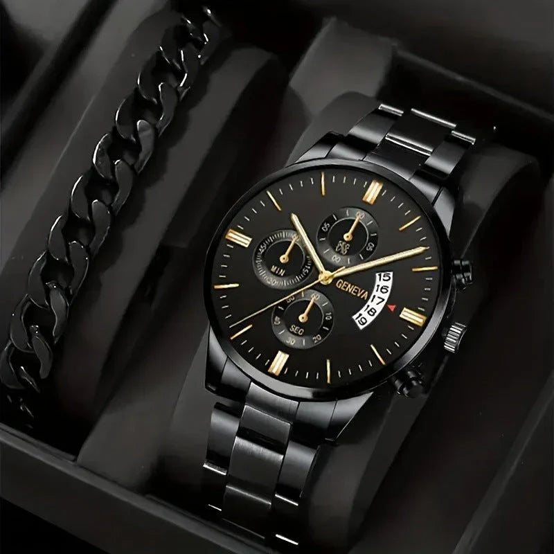 Men's stainless steel watch and coordinating bracelet set in various color options