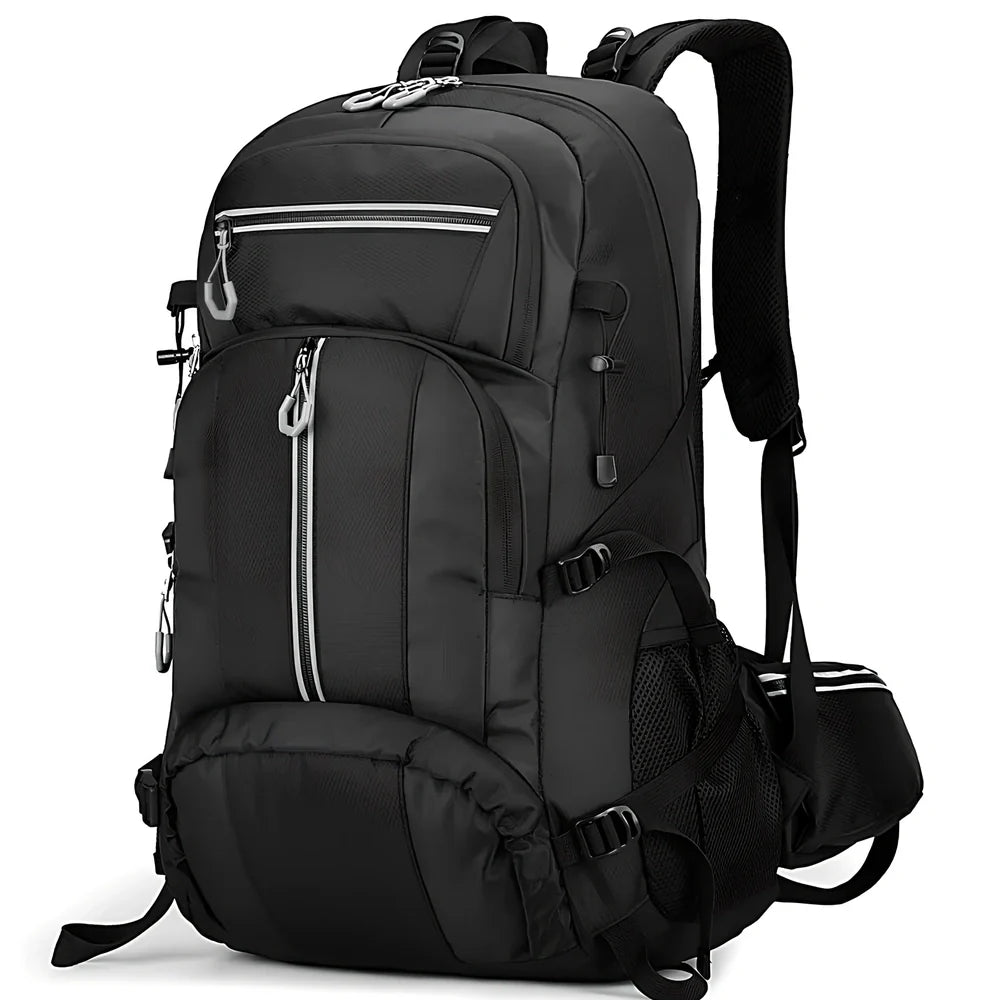 Black 50-litre fishing backpack with multiple compartments and adjustable shoulder straps