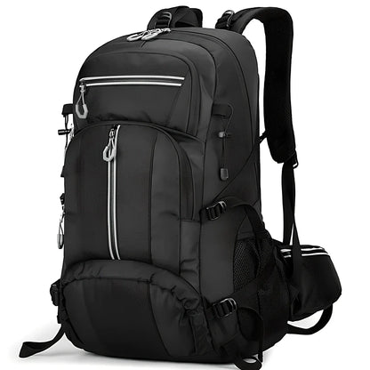 Black 50-litre fishing backpack with multiple compartments and adjustable shoulder straps