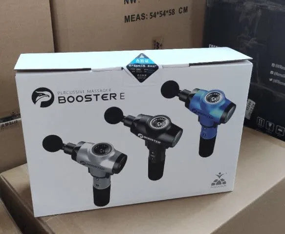 Black and white percussion massage gun with 24V battery for muscle recovery.