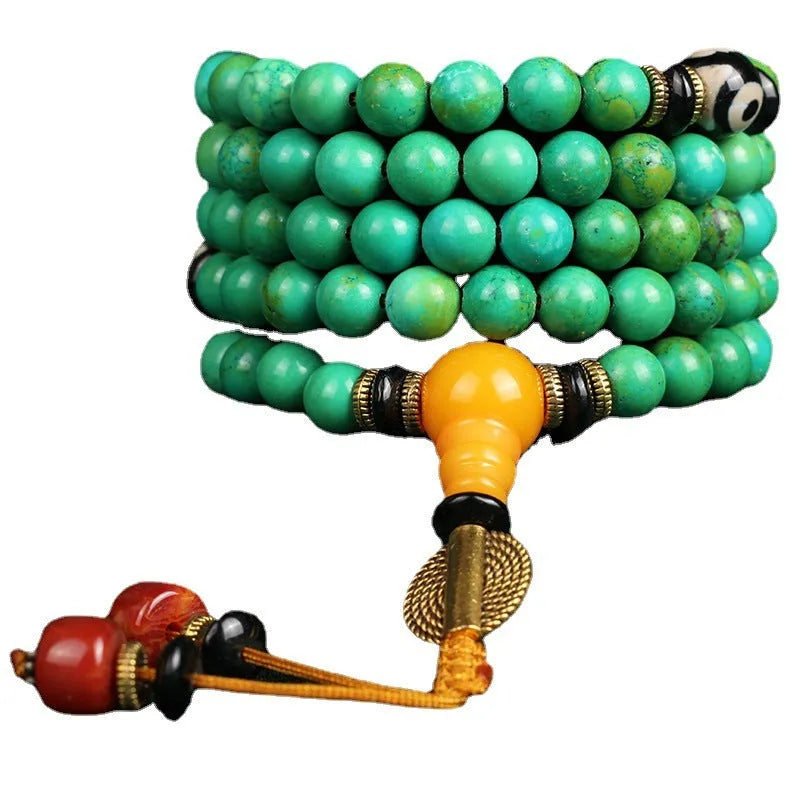 Natural turquoise bracelet with 108 polished 8mm round beads in national folk style