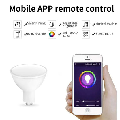 Smart WiFi GU10 LED spotlight bulb with RGBCCT colour and tunable white light, shown with dimensions.