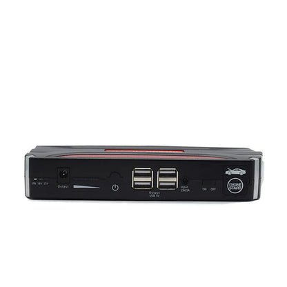 Black and red vehicle emergency starting power supply measuring 178x80x30mm with 7800mAh capacity