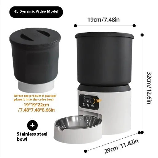 4-litre smart pet feeder with remote control and optional camera on a table