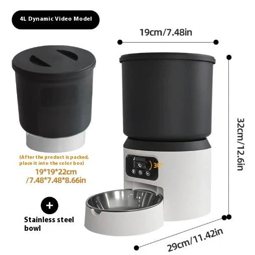 4-litre smart pet feeder with transparent food container and stainless steel bowl on wooden floor