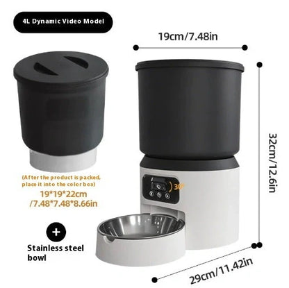 4-litre smart pet feeder with transparent food container and stainless steel bowl on wooden floor
