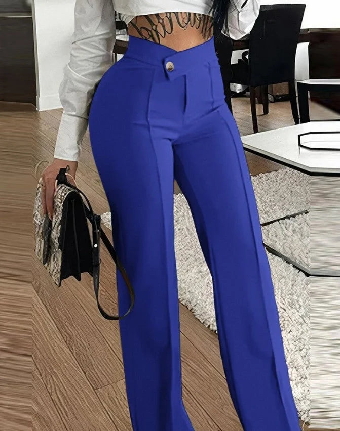 Women's slim straight-leg pants with buckle detail in various colors