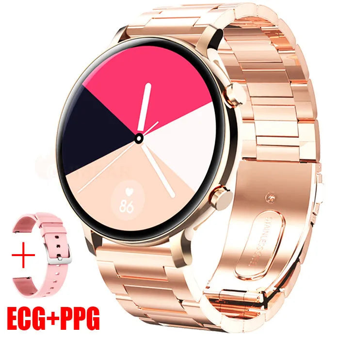 Bluetooth smartwatch with stainless steel strap showing heart rate monitoring display