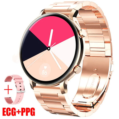 Bluetooth smartwatch with stainless steel strap showing heart rate monitoring display