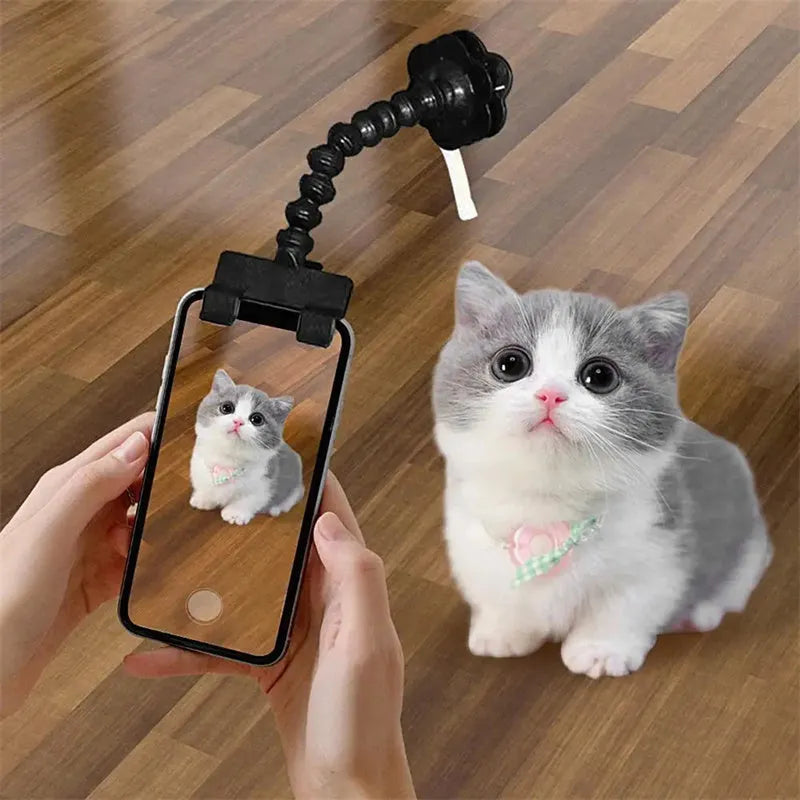 Black plastic pet photography tool attached to mobile phone with treat clip extended