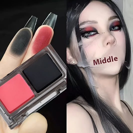 DIKALU two-colour eye shadow compact open, showing a matte and a shimmer shade split down the middle.