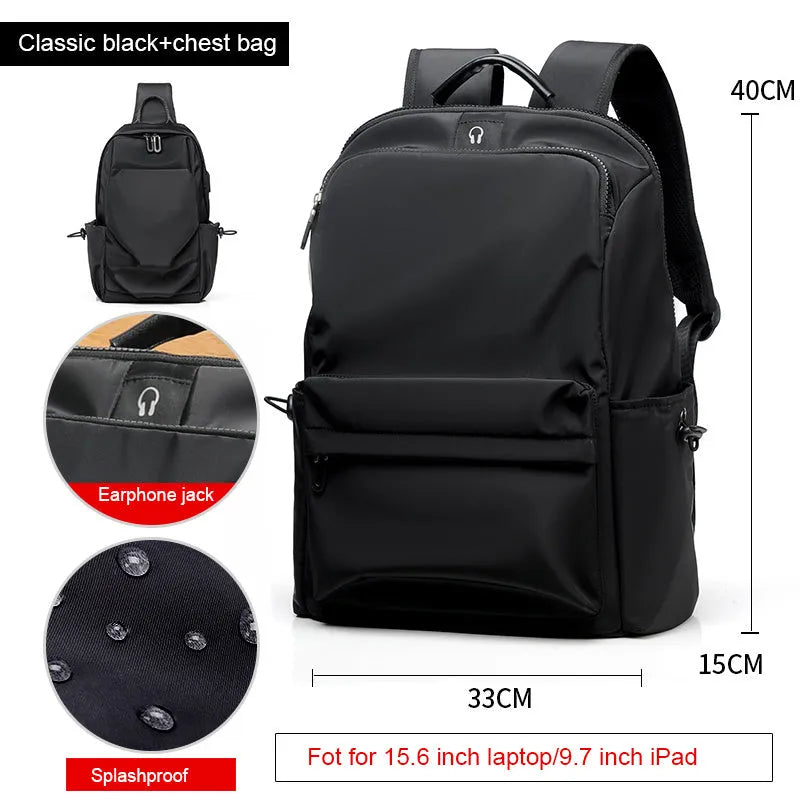 Oxford spinning travel backpack, medium vertical square school bag with zipper and double shoulder straps, black or grey.