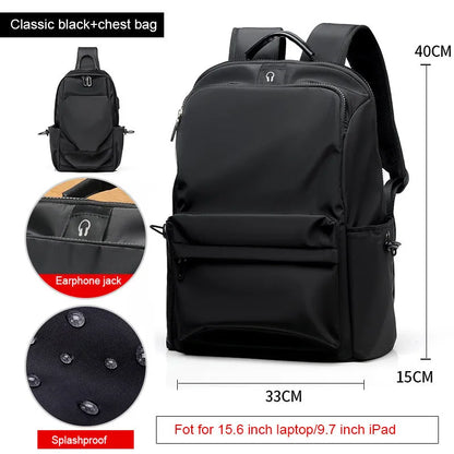 Oxford spinning travel backpack, medium vertical square school bag with zipper and double shoulder straps, black or grey.