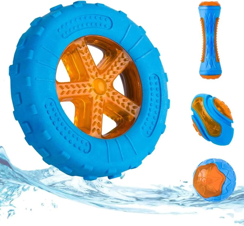 Three dog toys: blue ball, red barbell, and orange tire with bumpy textures for floating fetch games