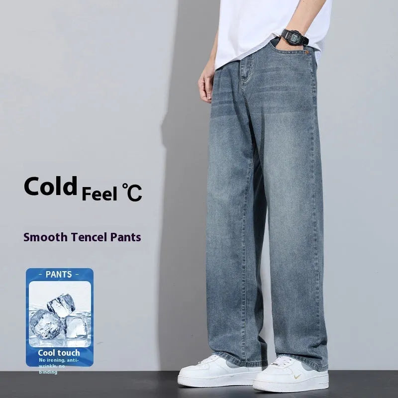 Straight-leg casual trousers in thin denim fabric with zip fly placket, available in UK2560 blue, grey, light blue, and vintage blue colours