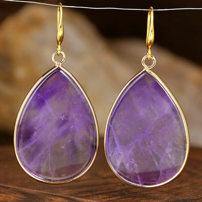 Women's retro natural stone drop earrings showing amethyst and green aventurine colour options on electroplated settings.