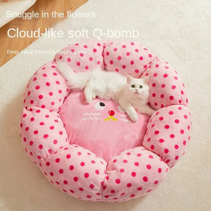 Pink dot pattern fabric cat bed shown in two size options: 45cm and 65cm diameter.