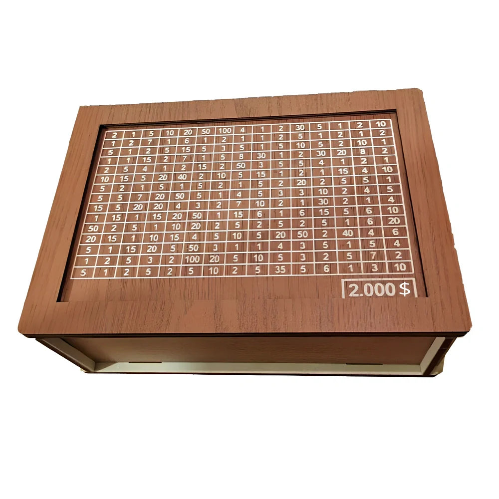 Wooden piggy bank with coin counter and side opening mechanism measuring 20cm