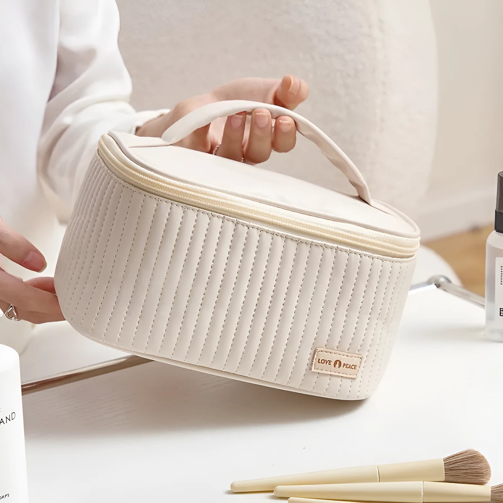 Open-top cake makeup bag in six colour options with PU leather construction and 20cm dimensions