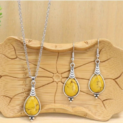 Retro Ethnic Style Alloy Earrings and Necklace Set with Elliptical Pendant