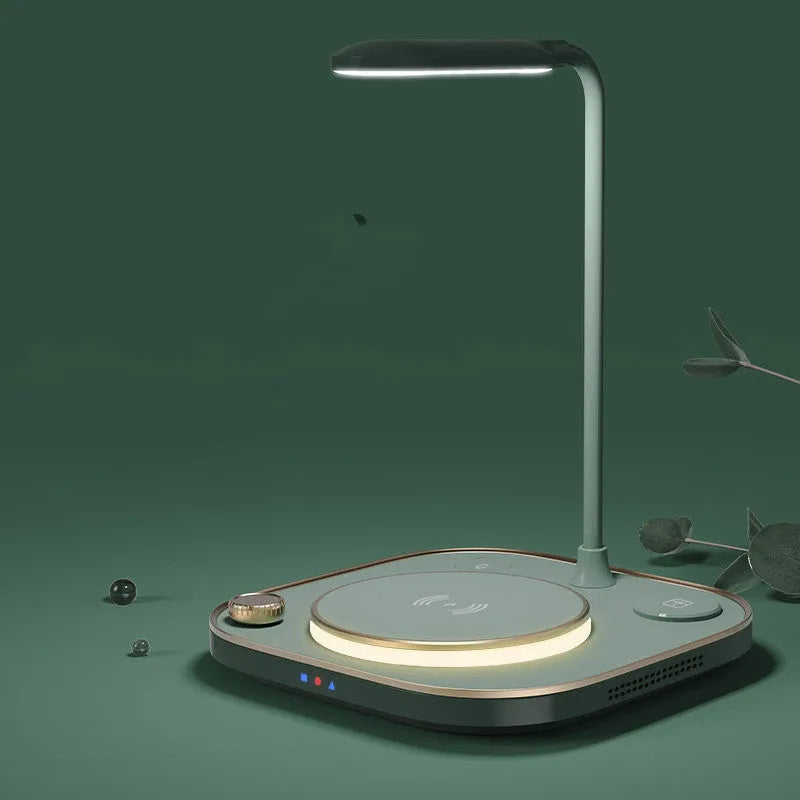 Three-in-one wireless magnetic charger in black, green, or white, charging multiple devices with 15W fast charging and desk lamp option