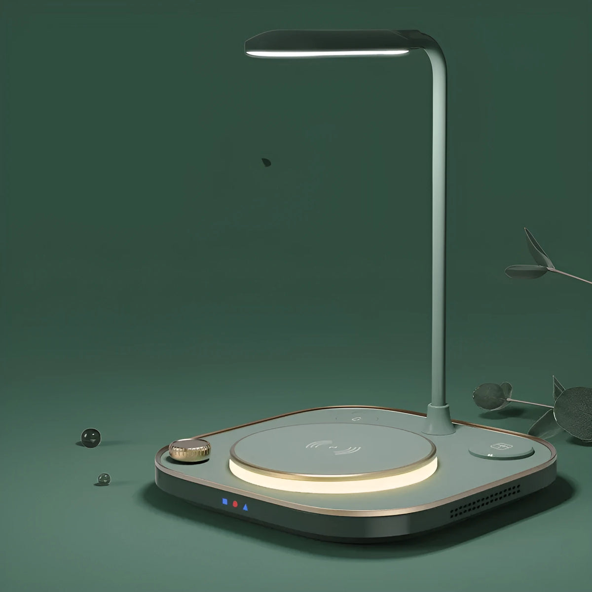 Alpharan three-in-one 15W wireless magnetic charging dock with desk lamp in black, green or white colours