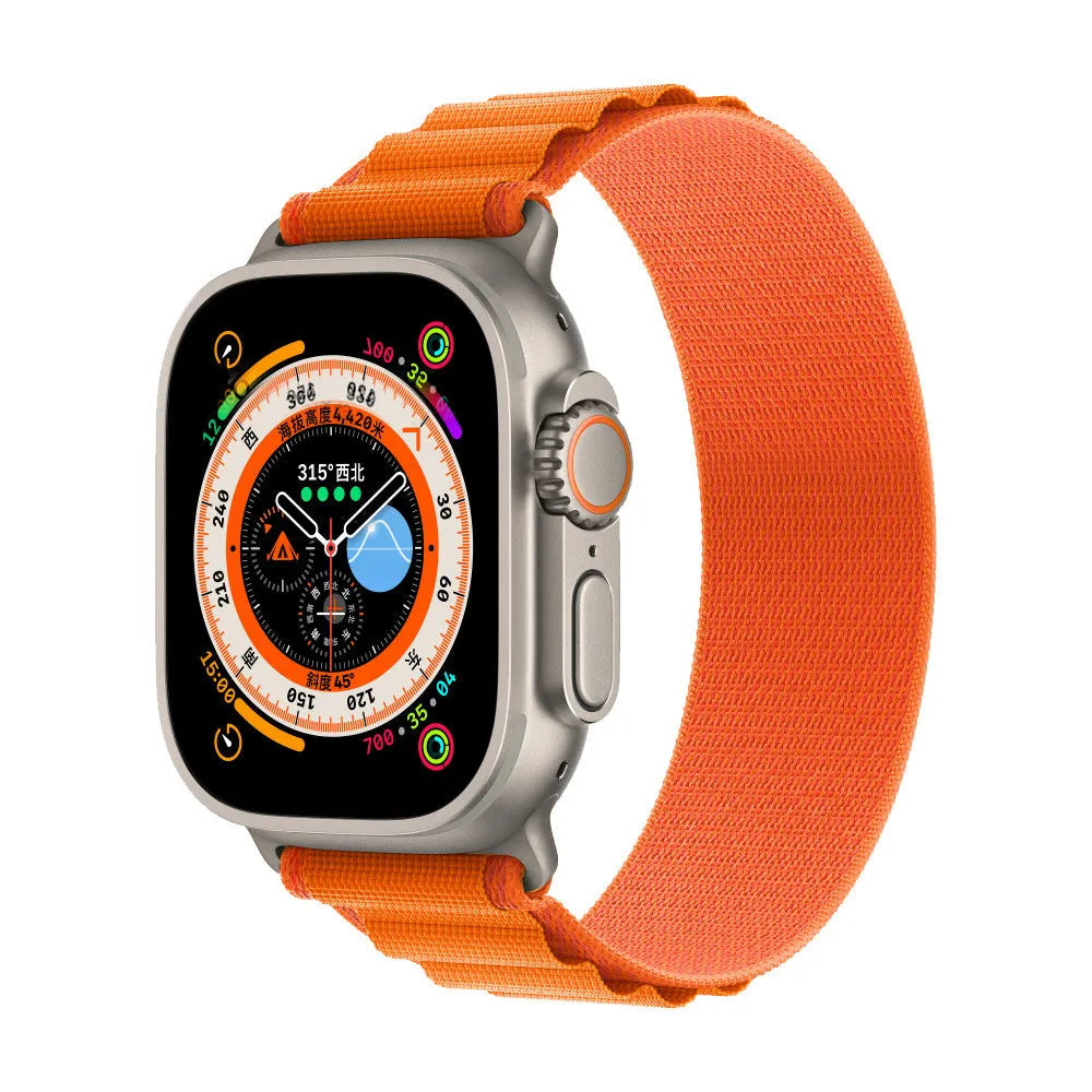 Alpine nylon watch band with metal head grain in 38/40/41mm and 42/44/45/49mm, Starlight, Black, Green, Orange and Grey options