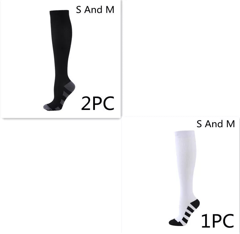 Athletic compression socks with three-bar design in black, pink, and white