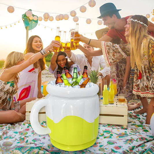 Bright yellow inflatable PVC ice bucket for portable drink cooling at parties and outdoors.