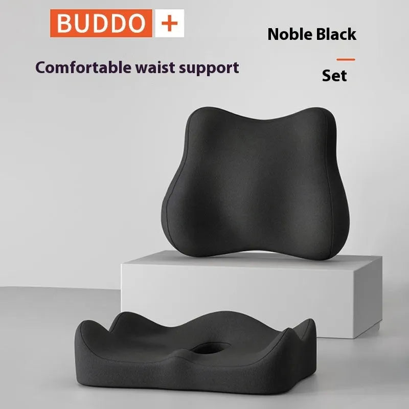 Memory foam seat cushion with contoured shape for lower back support, measuring 40cm x 40cm