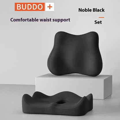 Memory foam seat cushion with contoured shape for lower back support, measuring 40cm x 40cm