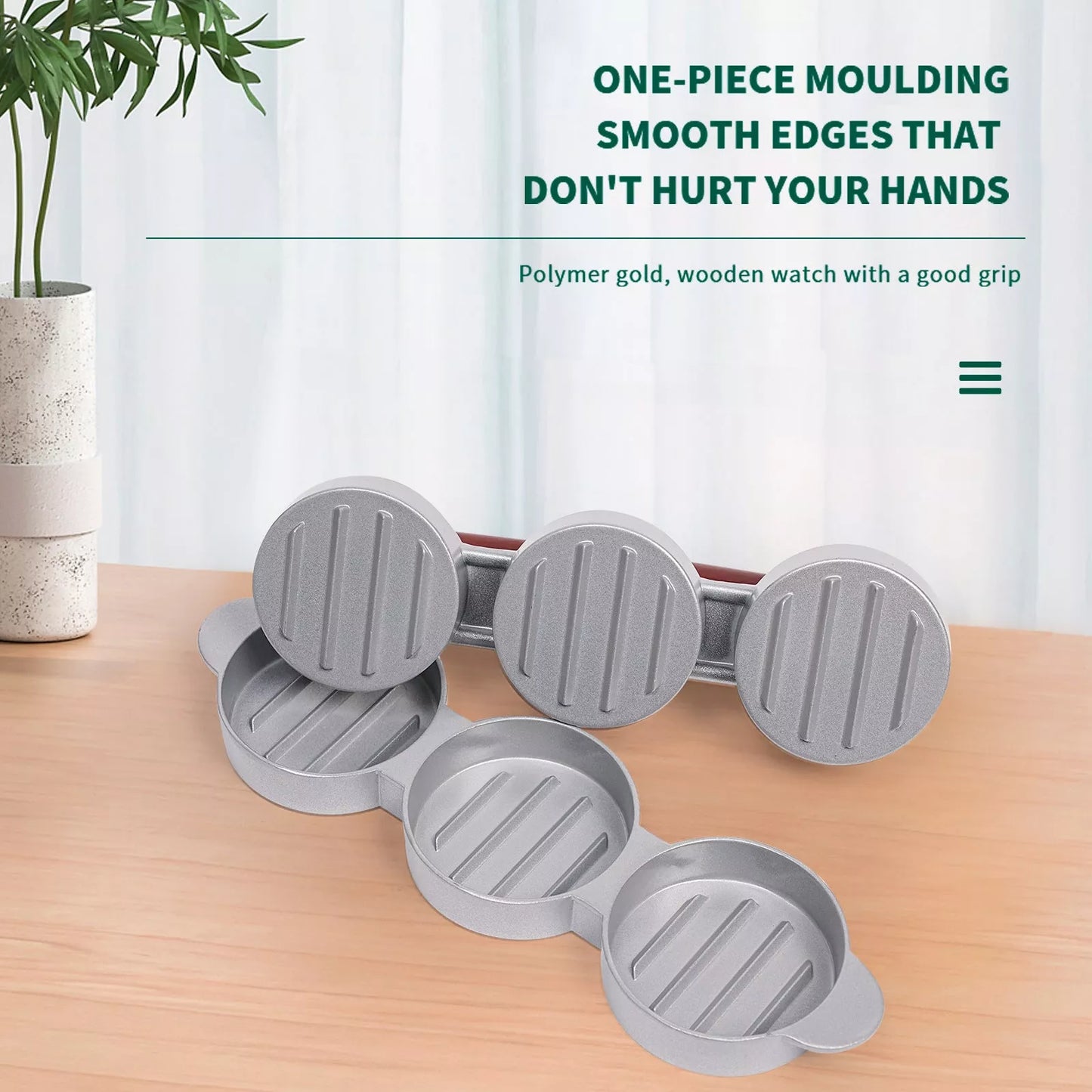 Mini burger press with wood handle for making slider patties, BPA-free aluminum alloy