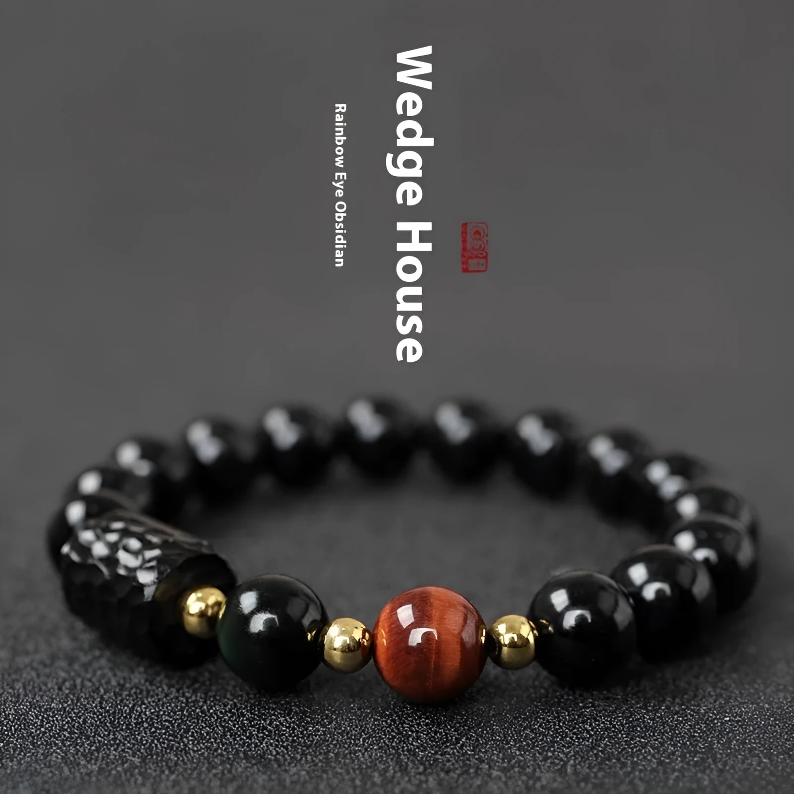 Handmade obsidian bracelet with 10mm red tiger eye beads, unisex retro design.