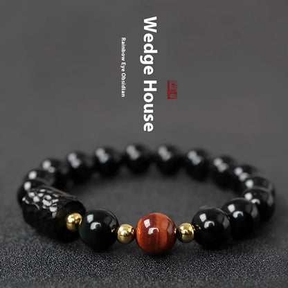 Handmade obsidian bracelet with 10mm red tiger eye beads, unisex retro design.