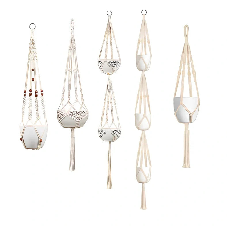 Hand-knitted cotton flowerpot net bag showing mesh pattern and hanging installation