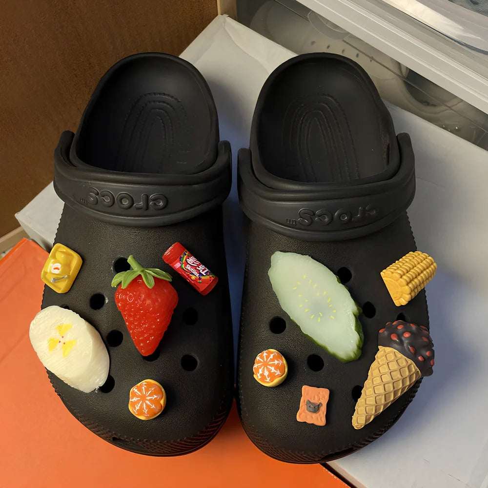 Six DIY plastic shoe buckles with fried chicken burger designs including double wheat chicken nuggets and double drumstick variations