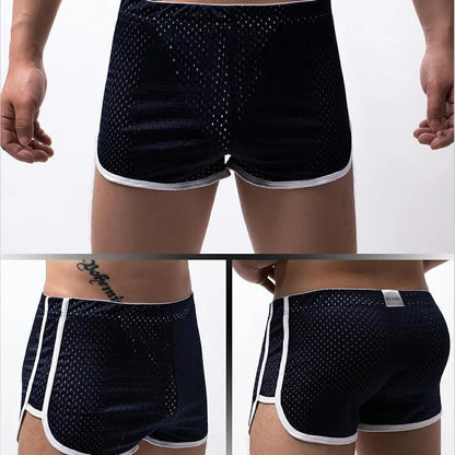 Men's breathable cotton boxers with nylon knitting in black, grey, dark blue, light blue, and white colours, mid-waist fit