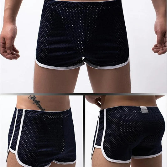 Men's breathable cotton boxers with nylon knitting in black, grey, dark blue, light blue, and white colours, mid-waist fit