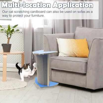 Grey cat using corner scratching pad with hanging ball in room corner
