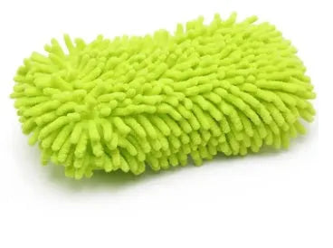 Silver green microfiber chenille car wash sponge block measuring 14cm by 25cm.