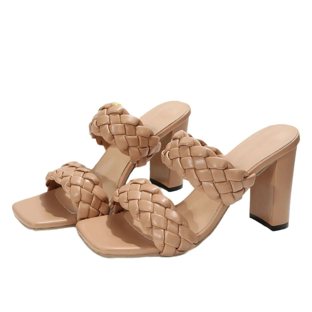Women's square toe flip flops with woven PU straps and a chunky rubber sole in apricot colour.
