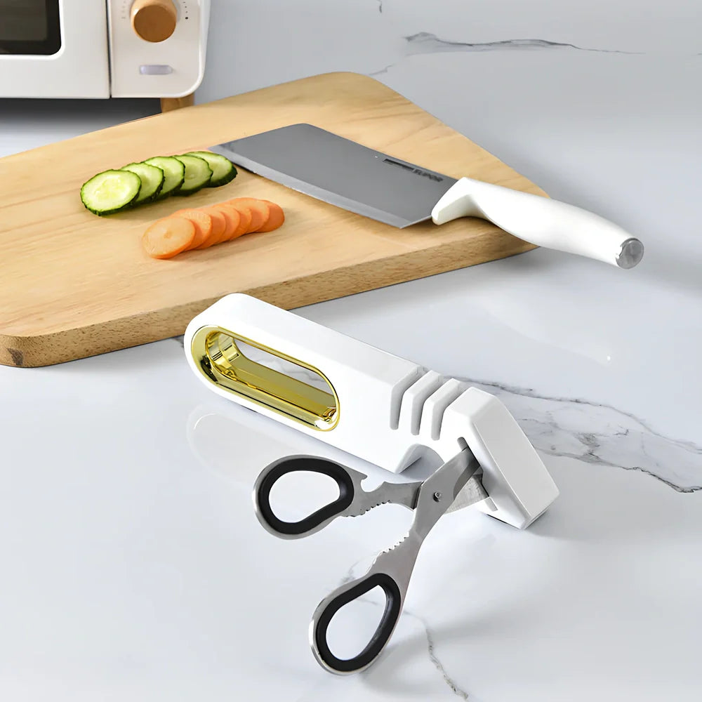 Four-in-one manual knife sharpener with ceramic, diamond, tungsten steel stones in pearl white, mint green or gentleman black