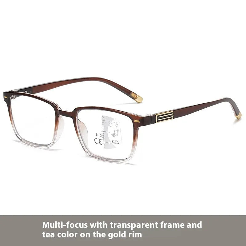 Multifocal reading glasses with anti blue light protection showing colour changing lenses