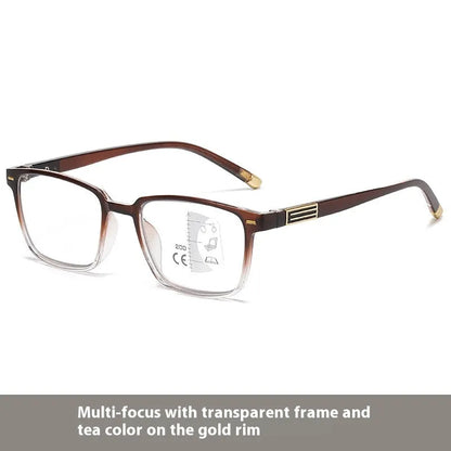 Multifocal reading glasses with anti blue light protection showing colour changing lenses